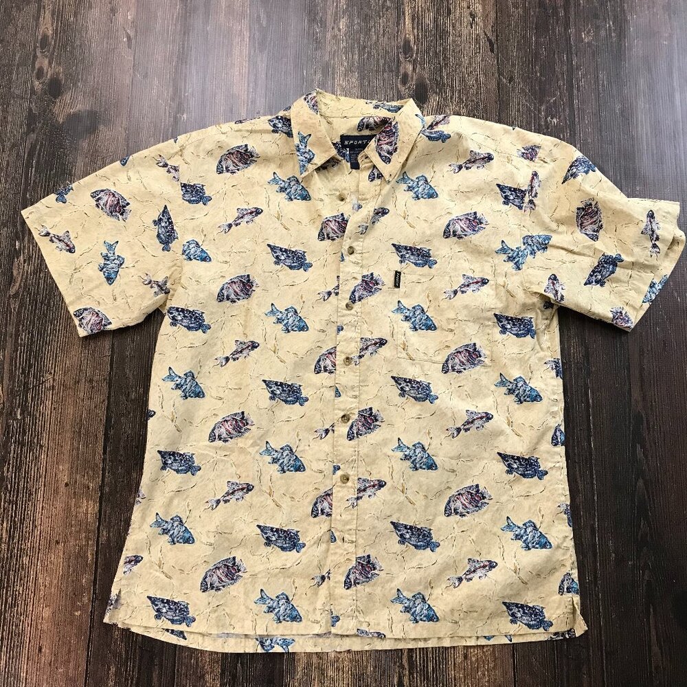 SPORTIF Fish Print Camp Shirt Large Casual Button Down Novelty Fishing Angler
